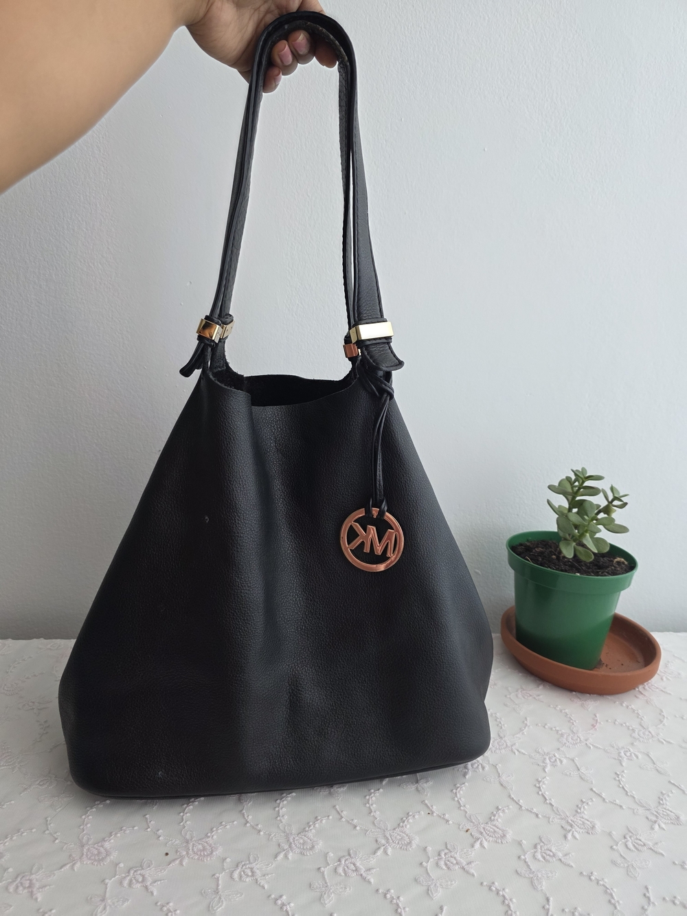 Classic Black Women's Shoulder Bag with Hanging Charm
